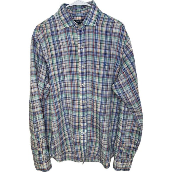 Polo Ralph Lauren Shirt Mens Large Colorful Plaid  Classic Fit 100% Linen - Picture 1 of 8